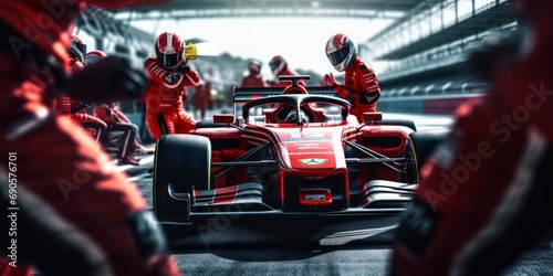 Professional pit crew ready for action as their team's race car arrives in the pit lane during a pitstop of a car race, concept of ultimate teamwork, Generative AI  photo