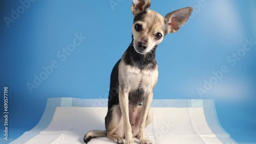 animal diaper, dog absorbent pad banner, pet toilet, small dog with urine diaper napkin on blue background photo