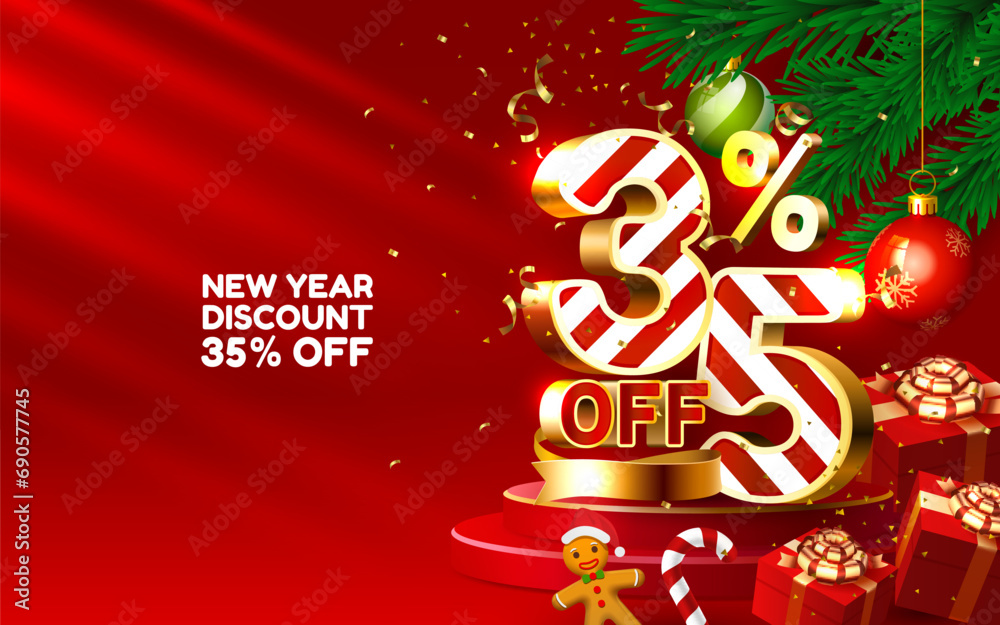 New year discount merry Christmas sale 35 off golden numbers, with gifts and Christmas decorations on the red background. Vector illustration
