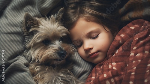 Generative AI, cute child and dog sleeping on cozy warm blanket in the bed, friendship concept, hygge style, muted aesthetic colors