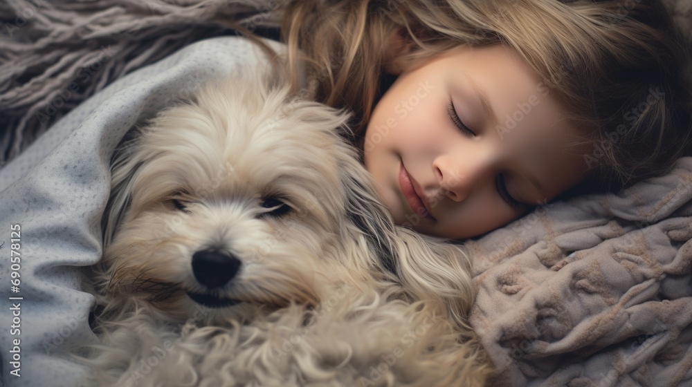 Generative AI, cute child and dog sleeping on cozy warm blanket in the bed, friendship concept, hygge style, muted aesthetic colors Generative AI, cute child and dog sleeping on cozy warm blanket in the bed, friendship concept, hygge style, muted aesthetic colors
