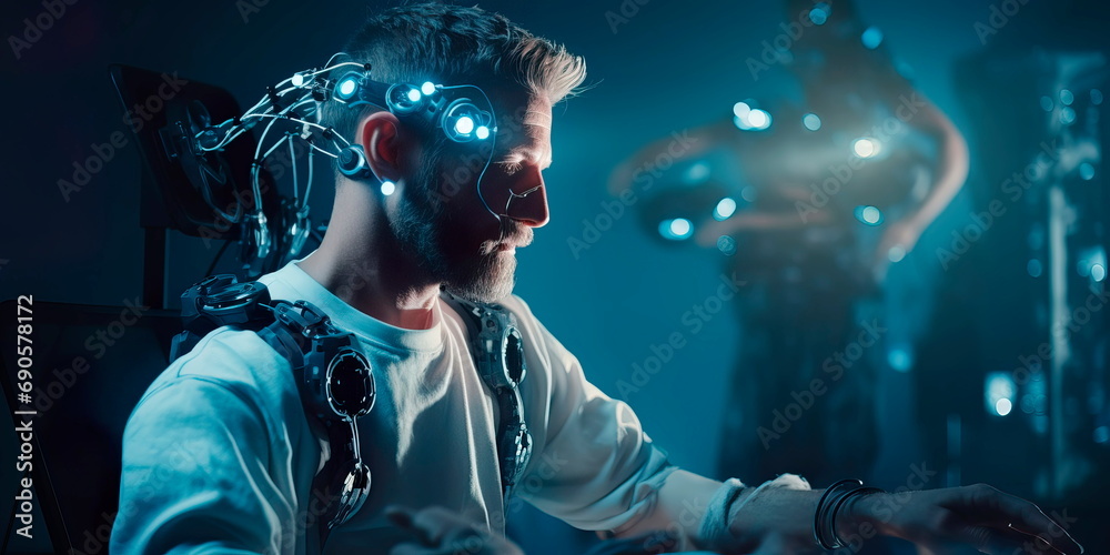 patients using virtual reality and exoskeletons during rehabilitation. Generative AI patients using virtual reality and exoskeletons during rehabilitation. Generative AI