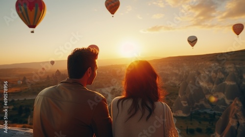 Happy young couple watching hot air balloons during sunrise in Kapadokya Cappadocia, Turkey.