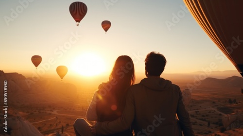 Happy young couple enjoying sunrise over hot air balloons in Kapadokya Cappadocia, Turkey, on their vacation.