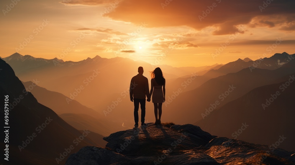 Couple enjoying the scenic sunset view over majestic mountain range.