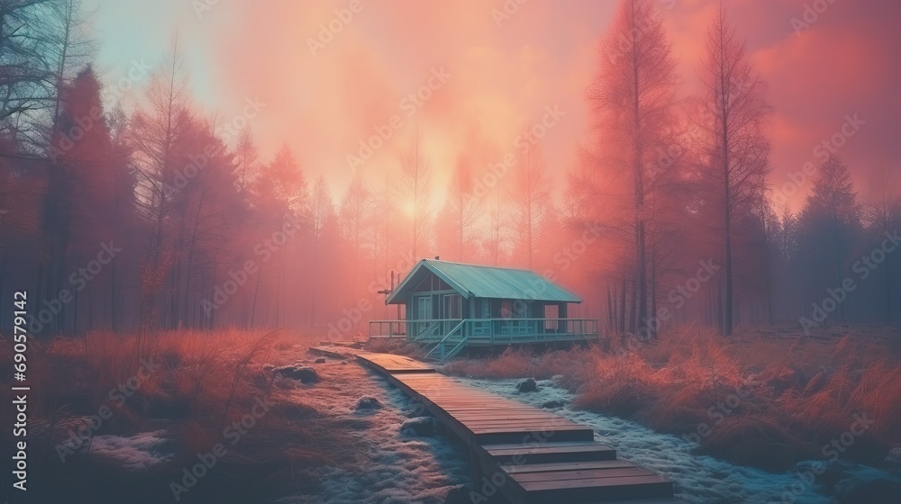 Picture of a cozy cabin in dreamy forest, surrounded by snow Picture of a cozy cabin in dreamy forest, surrounded by snow