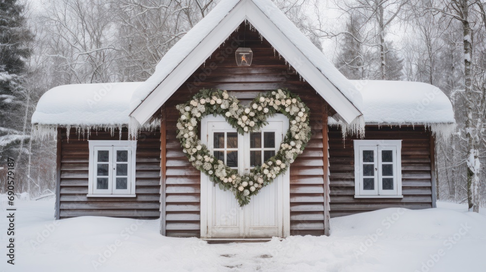 Cozy winter cabin with heart-shaped wreath on door, inviting warmth and love in the snowy season. Cozy winter cabin with heart-shaped wreath on door, inviting warmth and love in the snowy season.