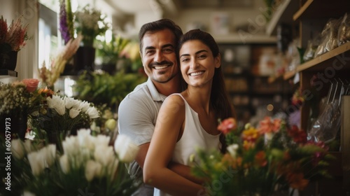 Couple-owned flower shop business owners sharing a joyful moment at their shop.