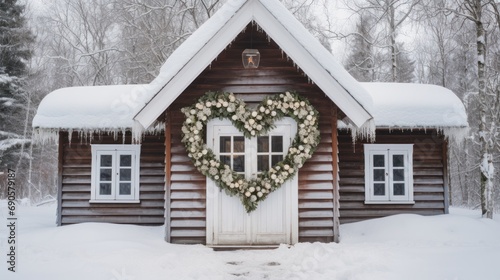 Cozy winter cabin with heart-shaped wreath on door, inviting warmth and love in the snowy season. © Sandris_ua