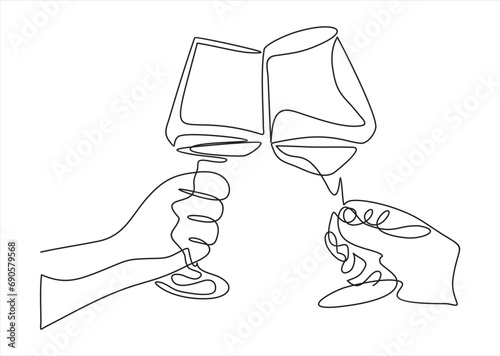 	
Continuous one line drawing. cheering with glasses of wine or champagne. Minimalism sketch hand drawn isolated on white background. Simplicity line art abstract style.