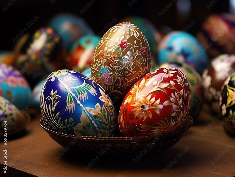 painted easter eggs in a basket with traditional festive decor painted easter eggs in a basket with traditional festive decor