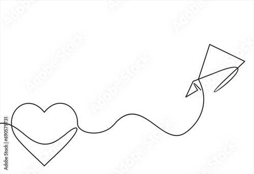 Heart one line.Heart line art.Flying paper airplane with heart .Heart air route .Valentines Day.Love travel route.Airplane line path continuous line 