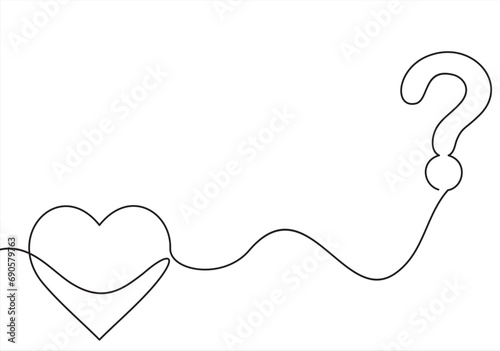 heart question mark - Concept of love issues.continuous line illustration. one line vector.
