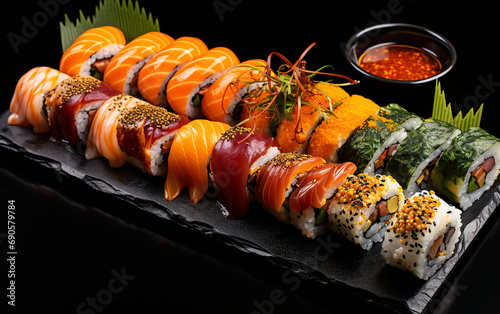 sumptuous sushi platter on dark background