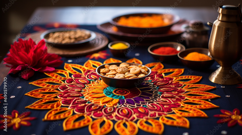 Festive Rangoli Delight: A vibrant Gudi Padwa rangoli design featuring intricate patterns, traditional motifs, and auspicious colors, symbolizing the joy of the New Year.