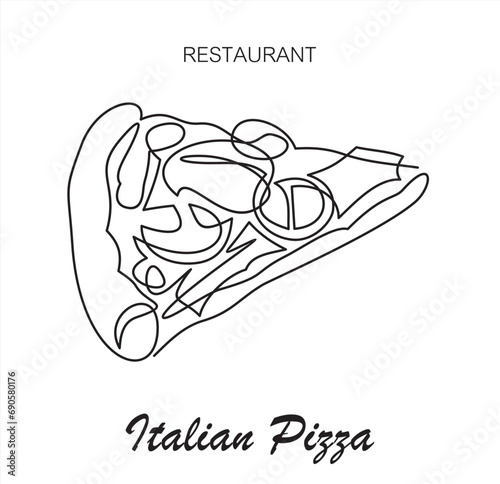 Continuous one line drawing of pizza for restaurant logo badge. Italian pizzeria logotype template concept isolated on white background.