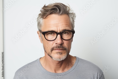 Portrait of a handsome mature man with grey hair wearing glasses.