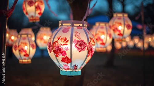 illuminated lanterns shaped like hearts and flowers at a love-themed lantern festival. © Sandris_ua