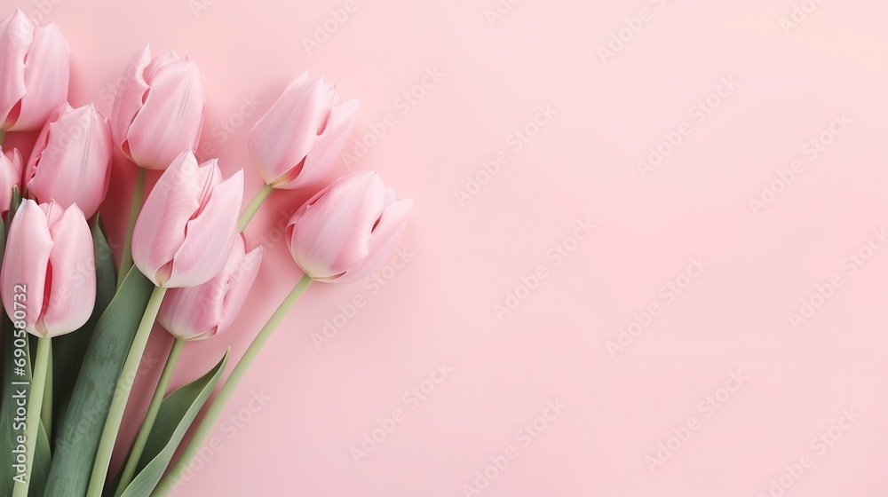 Bouquet of pink and white tulips on a pink background. Flat lay, copy space