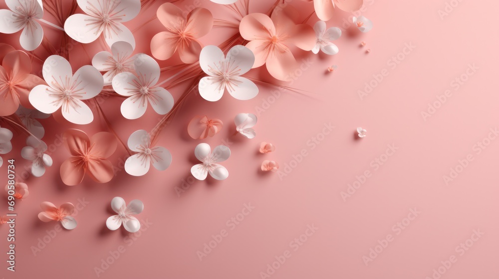 Obraz premium Romantic coral pink background with 3D hearts and blooms: perfect for love-themed web pages, wedding invitations, and Valentine's Day celebrations