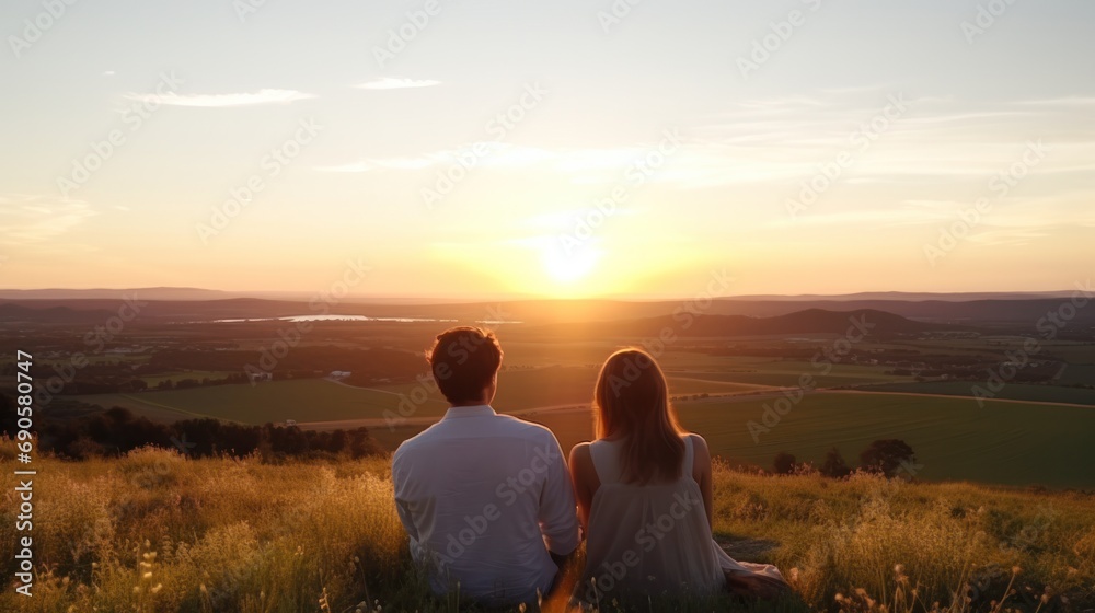 Romantic couple enjoying a picturesque sunset view on a tranquil hillside