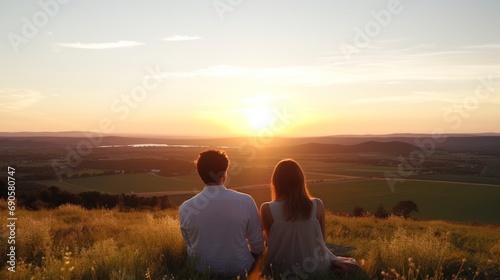 Romantic couple enjoying a picturesque sunset view on a tranquil hillside