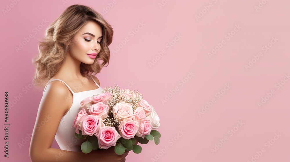 portrait of young woman holding colorful bouquet from various flowers