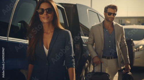 Two professionals waiting by taxi with luggage, symbolizing business travel and convenience.