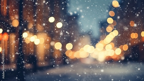 blurred street of festive night or evening city with snowfall and Christmas lights. Abstract christmas defocused background © DZMITRY