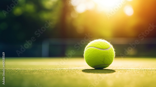 Closeup of tennis ball on empty court. Sunset, sun rays. Concept of a sporty lifestyle. Generative AI