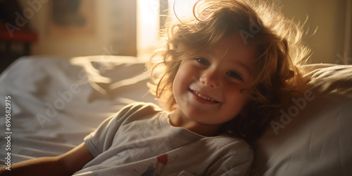 High Camera Angle of a smiling 2 year old boy morning light shining through his hair photo