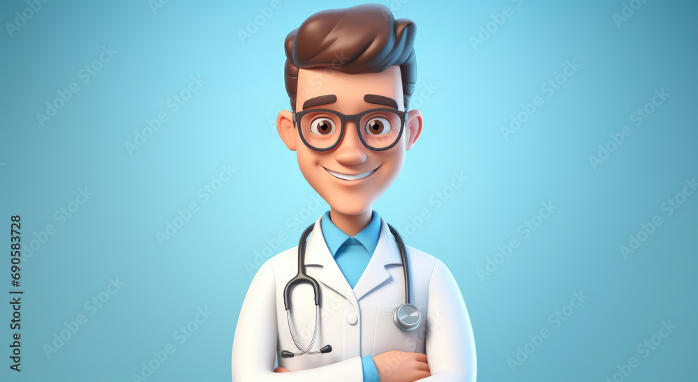 Friendly doctor with glasses and stethoscope, smiling warmly.