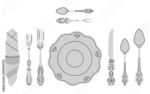 Fancy silver Cutlery set with table knife, spoon, fork, napkin, dessert, tea. Various shapes. Vintage style. Restaurant, dinner concept. Hand drawn modern Vector illustration isolated on background