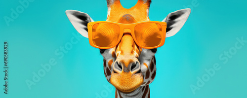 Stylish giraffe with oversized orange sunglasses on blue background.