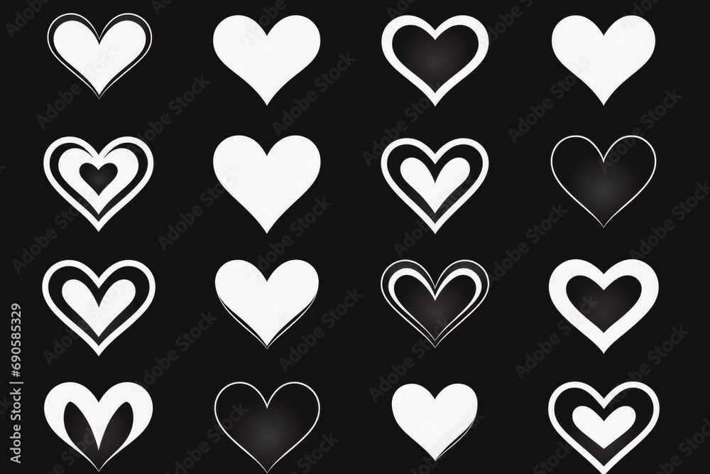 Heart vector icons. Set of white love symbols isolated on black. Valentine's day. Theme for funeral. Heart vector icons. Set of white love symbols isolated on black. Valentine's day. Theme for funeral.