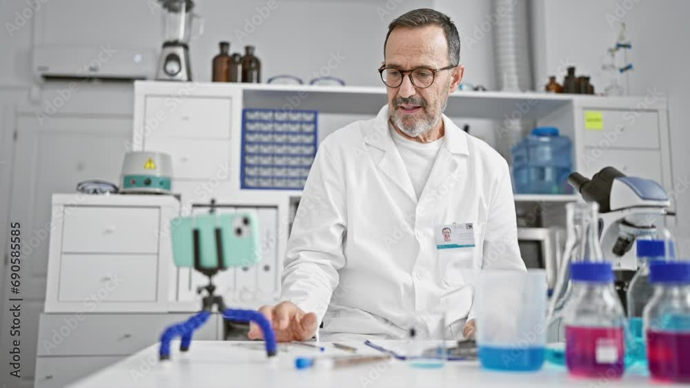 Grey-haired middle-aged man scientist talking about medical research during video call in laboratory Grey-haired middle-aged man scientist talking about medical research during video call in laboratory