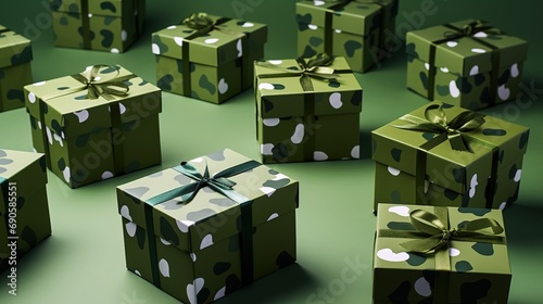 Camouflage military gift boxes with confetti on green table. Defender of the Fatherland Day photo