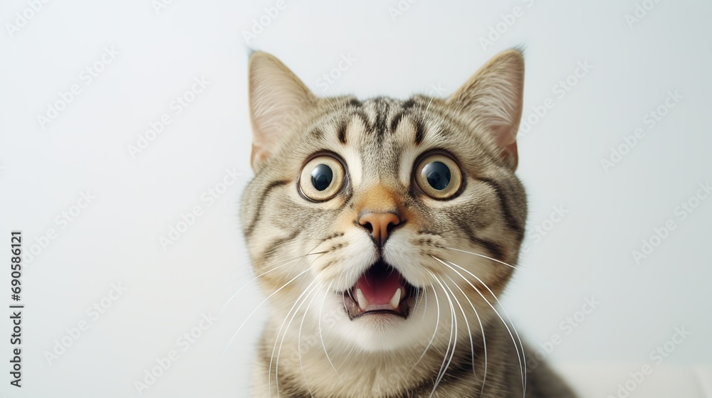 Crazy surprised cat makes big eyes close-up on a colored background