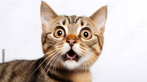 Crazy surprised cat makes big eyes close-up on a colored background