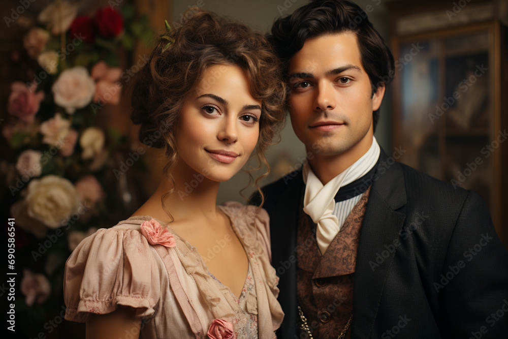 Elegant couple of young woman and man in 19 century clothes Elegant couple of young woman and man in 19 century clothes