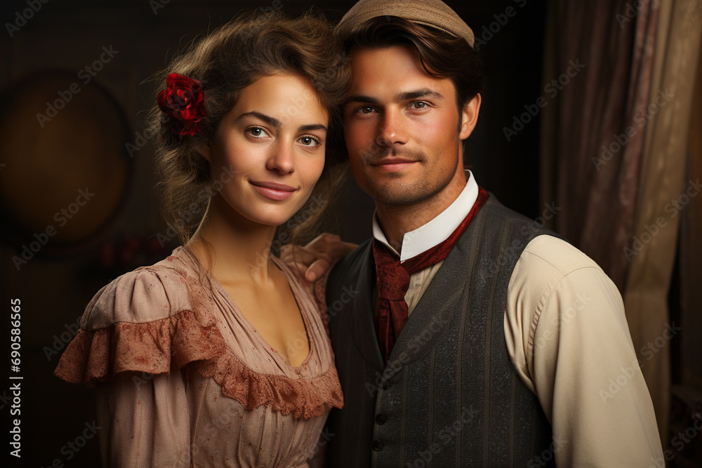 Elegant couple of young woman and man in 19 century clothes