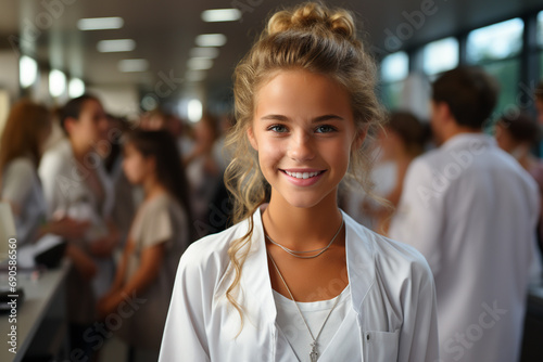 Portrait of young and cute intern female in hospital