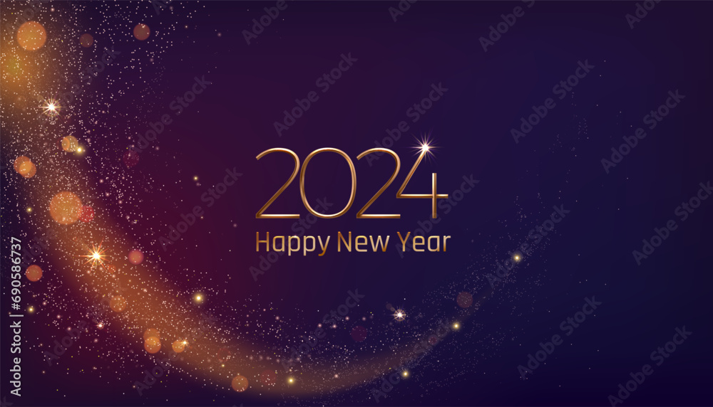 New year background. Happy 2024 gold glitter, confetti and eve lights, award card or party banner. Golden sparkles in night. Winter holidays celebration. Luxury design. Vector template