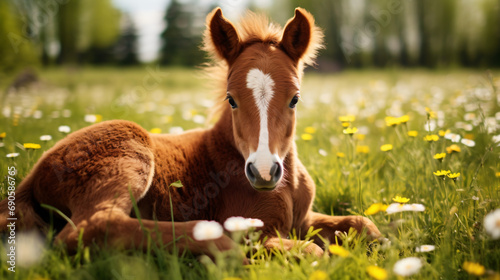 Beautiful brown foal lying on green grass field photo