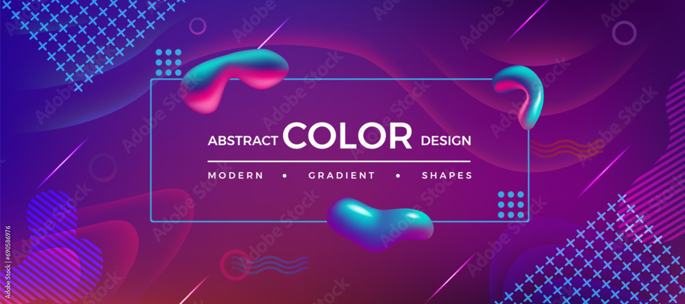 Gradient background. Abstract color cover design. Blue red and purple modern shapes. 3D digital liquid glossy figures. Minimal banner. Cross and line spot forms. Vector geometric poster
