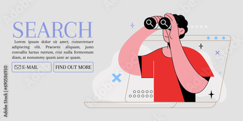 Binocular search. Line person, job and web business data, ui internet link, content seo and people. Man looking through binoculars or spyglasses, find opportunities. Vector design illustration