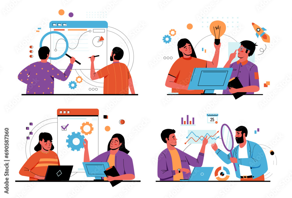 People signing contracts. Man with magnifier reading business document. Agreement audit. Woman analyzing project infographics. Mistakes and fraud search. Papers revision. Vector concept People signing contracts. Man with magnifier reading business document. Agreement audit. Woman analyzing project infographics. Mistakes and fraud search. Papers revision. Vector concept