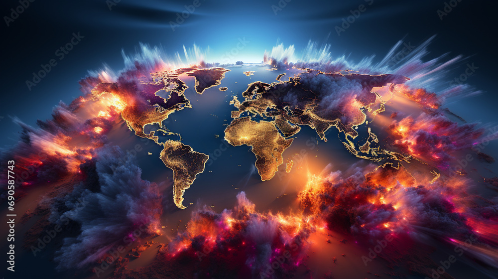 Colorful worldmap - Globe Map Silhouette in Flame Flare. Stop Fires Concept.  Ai