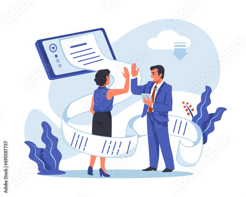 Contract signature. Partners signing documents. Businessman negotiation. Business partnership. Office people handshaking. Smartphone technology. Electronic agreement. Vector concept