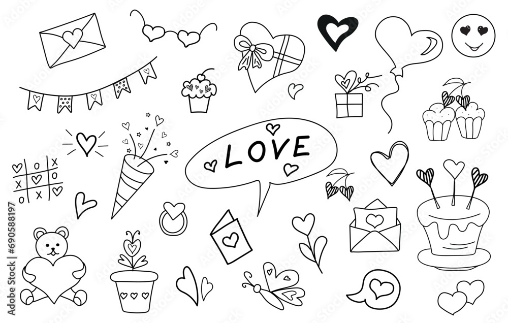 Fototapeta premium Cute valentine`s day doodle vector set. Hand drawn fashion elements. Love, latter with hearts, cake, flowers, balloon, gift boxes, smile, teddy bear.